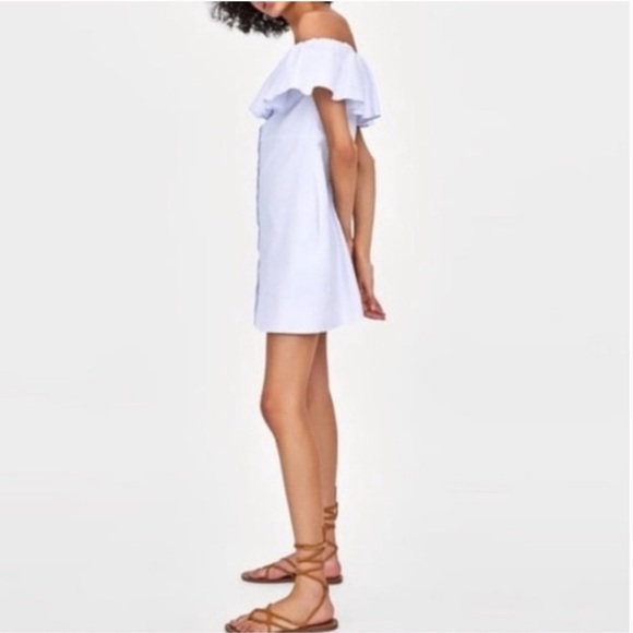 ZARA Off Shoulder Ruffled Button Down Mini Dress - Picture 2 of 5